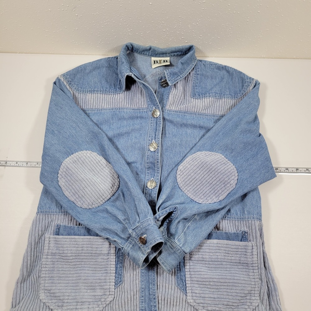 Vintage B.X.B Denim Jacket Women L Blue  Corduroy Mixed Media Michigan Buttons - Picture 3 of 9